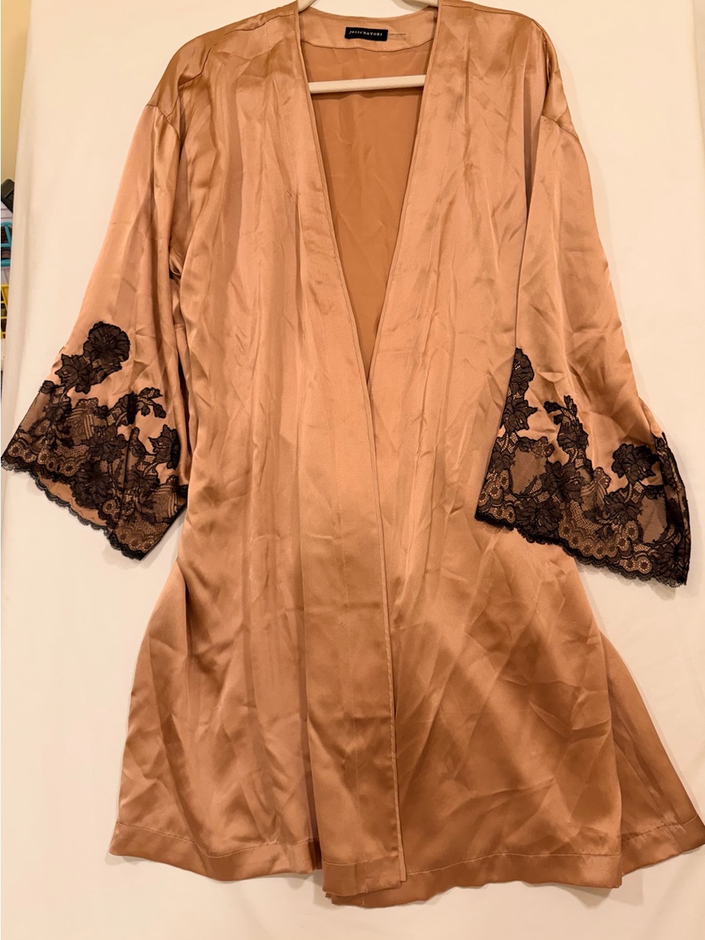Josie Natori Silk Robe with Black Lace Sleeves